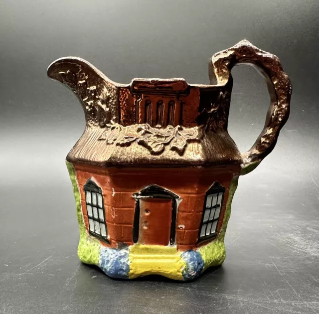 Staffordshire English Cottage Pitcher 1800s Majolica Pearlware Prattware 4.25"