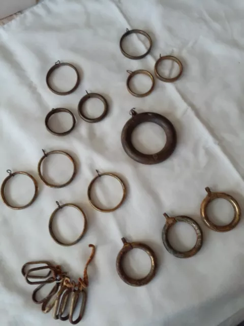 Lot of 21 Vintage Brass and Wood Curtain Rings Multiple Sizes w/ Eye Hooks