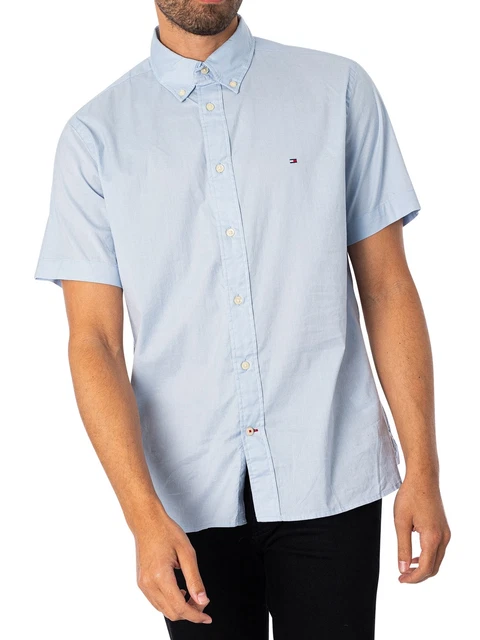 Tommy Hilfiger Uomo Camicia maniche corte in popeline Flex, Blu