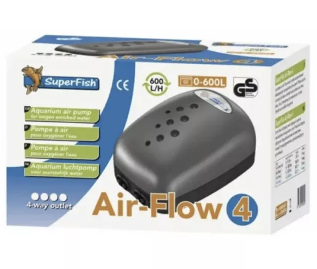 Superfish Air Flow 4 Budget Air Pump Aquarium Fish Tank Airpump 600L/H 4 Outlets