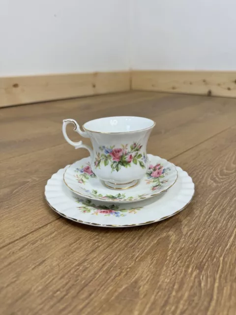 Royal Albert Moss Rose -  Bone China Tea Cup, Saucer, Side Plate Trio