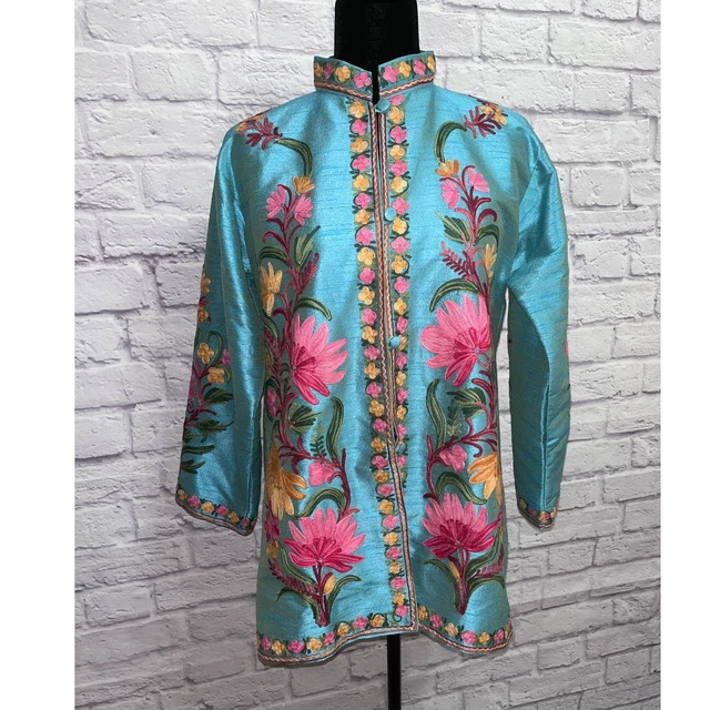 Silk Embroidered Turquoise And Pink Floral Kashmiri Jacket Size M.