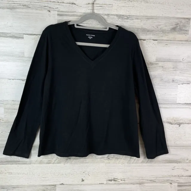 Eileen Fisher Shirt Women’s Sz M Long Sleeve V Neck Organic Cotton Tee Black