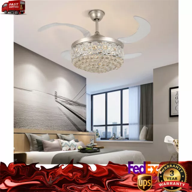 usa! 42" Crystal LED Chandelier Invisible Ceiling Fan Light Ceiling Lamp +Remote