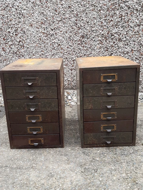 An Almost Identical Pair of Vintage Six Drawer Industrial Metal Cabinets Used