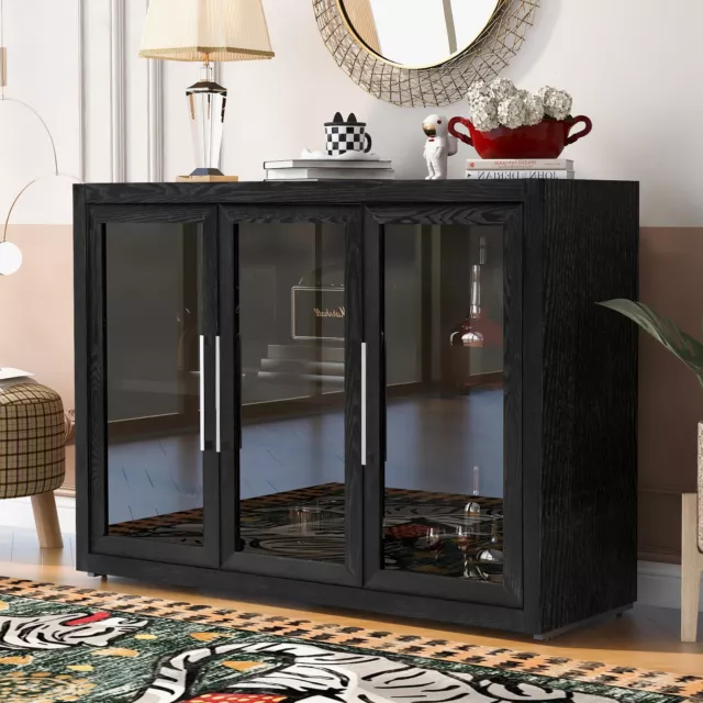 Storage Cabinet w/3 Tempered Glass Door & Adjustable Shelf Sideboard Buffet