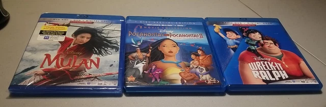 Disney Blu-ray/DVD Lot of 3 - Mulan (2020, NEW), Pocahontas & II, Wreck-It Ralph