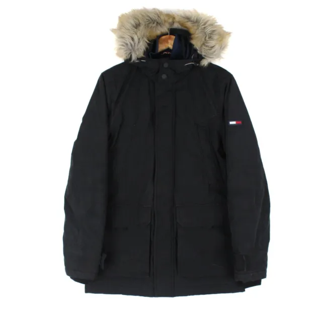 Tommy Hilfiger Parka Coat Black Full Zip Faux Fur Hooded Insulated Mens Size S