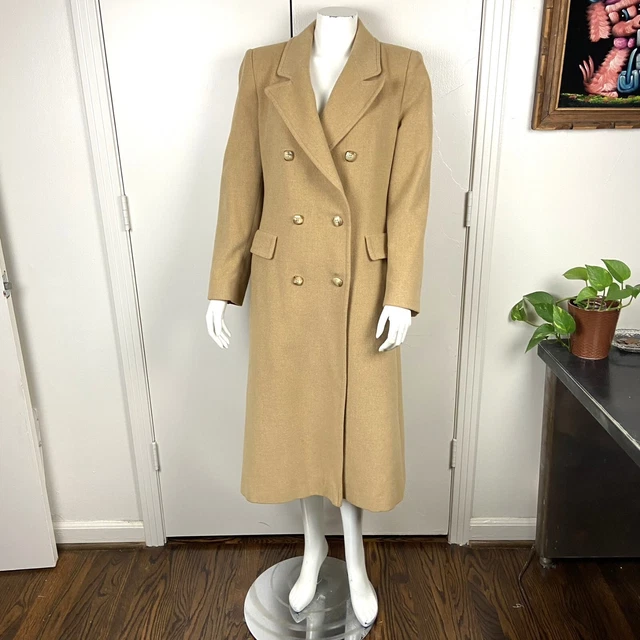 Vintage Womens M Fleurette 100% CamelHair Double Breasted midi trench OverCoat