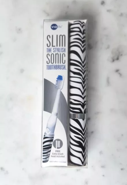 NIB Violife Slim Sonic Stylish Toothbrush Battery Portable Home Travel Zebra