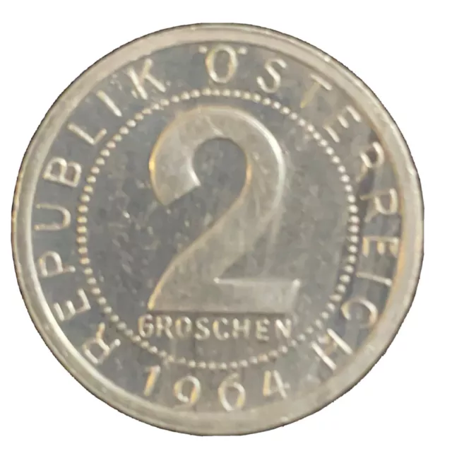 Austria 2 Groschen 1964 Coin Coat of Arms 2nd Republic 18mm Aluminum KM # 2876