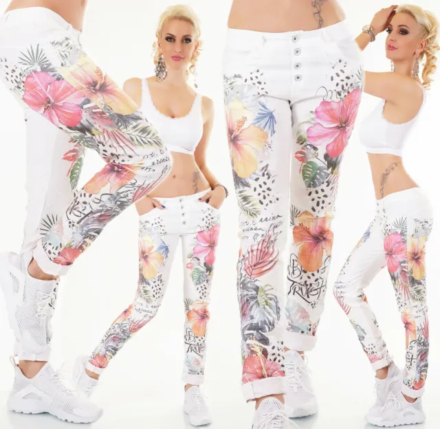 Sexy jeans pantalone donna stampato bianco flowers fiori cotone nuovo