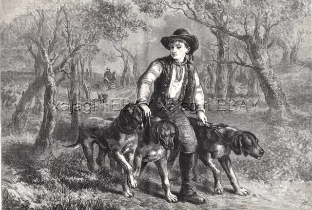 Dog Bloodhounds 3 Walked by Boy, Large 1870s Antique Engraving Print & Article
