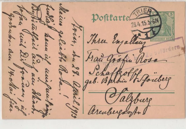 DR Postkarte Ganzsache P 96 - Trier n Salzburg - o 1915 - Zensur ! - Baronin