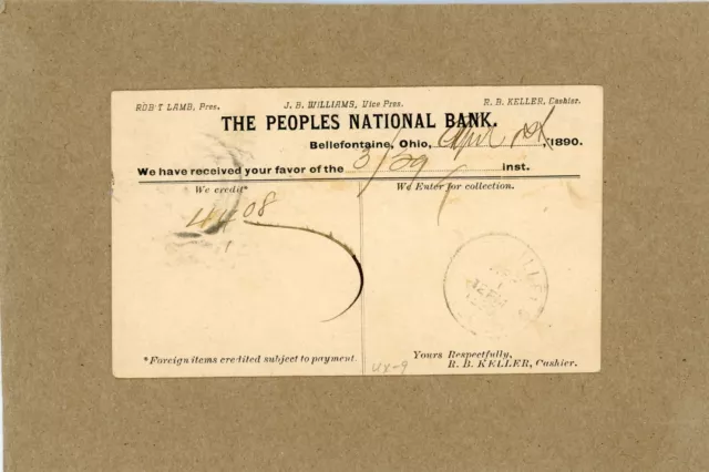 The Peoples National Bank, Bellefontaine, Ohio To Huntsville, Ohio - April 1890