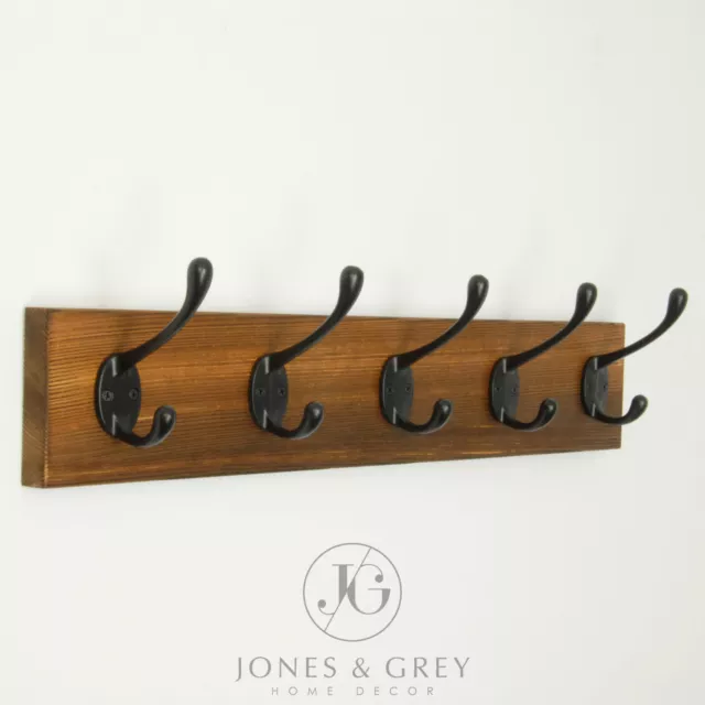 Rustic Dark Brown Antique Vintage Wooden Wall Coat Rack 5 Cast Iron Hooks Pegs