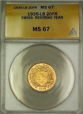 1935-LB Switzerland Restrike Year 20 FR Francs Gold Coin ANACS MS-67 GEM BU (A)