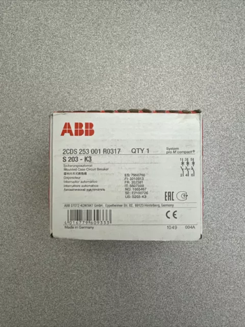 ABB S203-K3 Miniature Circuit Breaker Thermal Tripping Current Limiting 3A 3P