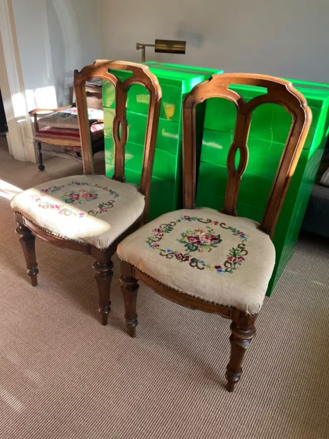 Italian Vintage Pair of Upholstered Dining Chairs ￼with Needlepoint Seats