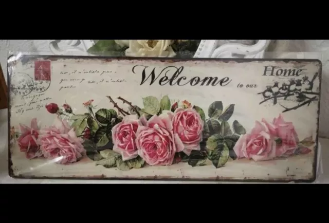 Blechschild Wandbild  Roses Bild Metall Welcome Vintage  Shabby Landhaus 20x50cm