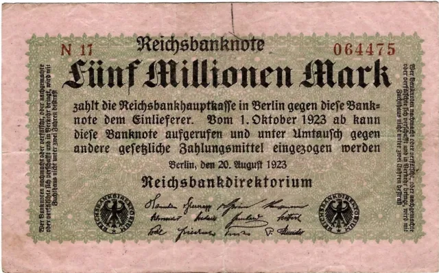 Reichsbanknote 5 Millionen Mark 1923 Reichsbank DEU-117b Ro.104b P-105(2)