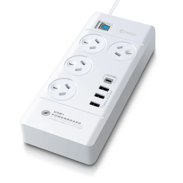 Sansai 4-Way Outlet Surge Protector Power Board/USB-C/USB-A Charger Ports 2400W
