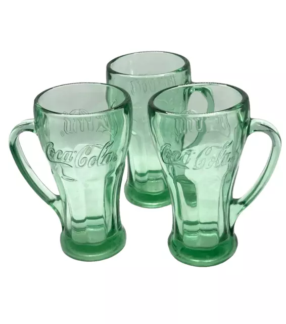 Set of 3 Green Coca-Cola Glass with Handle Mugs Libbey 14oz Heavy Vintage Coke