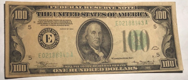 1934 green seal $100 bill. Federal Reserve Note E Richmond VF-XF FR-2152E #7