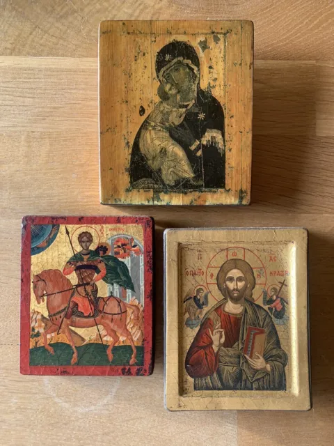 3 Holz Ikonen - Heiliger Demetrios - Christus Pantocrator - byzantinisch