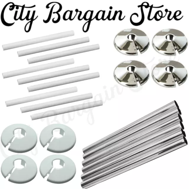 Radiator Pipe Covers Collars Chrome White 15mm Bathroom Easy Trims Cut PVC E5