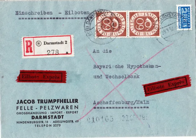 Bund Posthorn, 60 Pf, Mi. 135 im senkr. Paar auf Einschreiben-Brief, "Darmstadt"