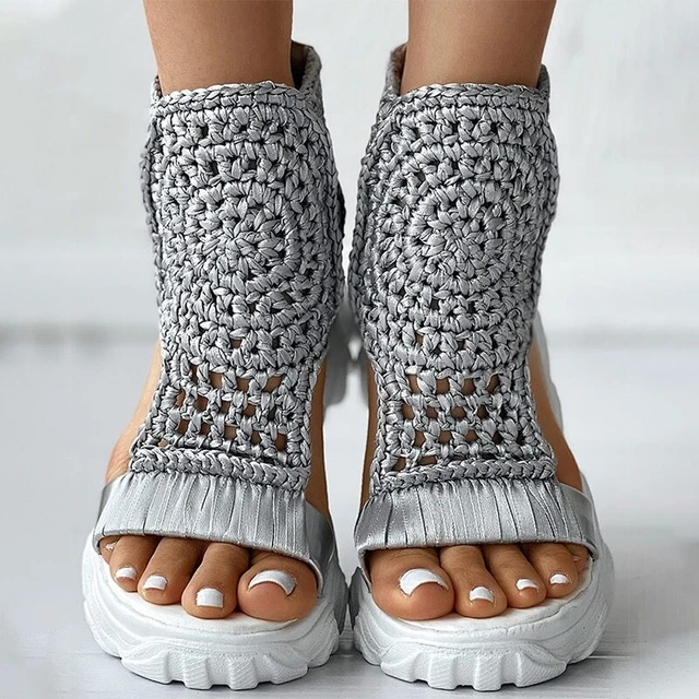 Women Braided Geometric Wedge Sandals Knitted Elastic Shoes Mesh Flat Hollow