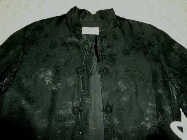 Vintage Asian Jacket Plum Blossoms Black Silk Floral Design Size L Made China