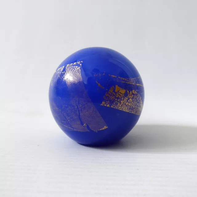 Glass round paperweight, blue & gold leaf Azurene, Isle of Wight Studio? Vintage