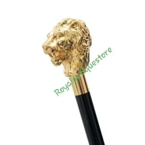 Victorian Solid Brass Lion Head Handel Wooden Walking Stick Cane Charismas Gift