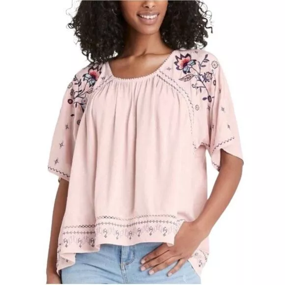 Knox Rose Womens Small Pink Embroidered High Low Boho Short Sleeve Top Blouse