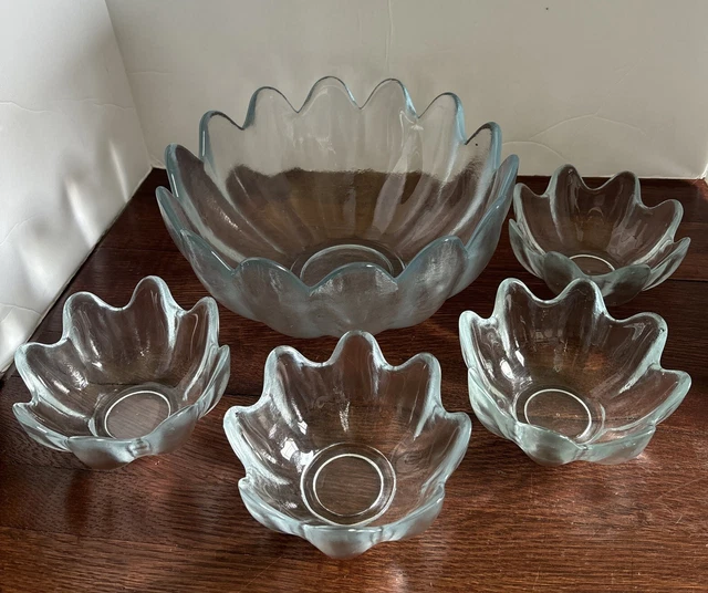 VINTAGE BLENKO CLEAR Glass Lotus Salad Bowl 5 Piece Set 14 Petals And 8