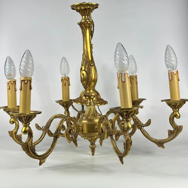 Vintage French Baroque 6 Arm Extra Large Heavy Bronze Ceiling Light Chandelier