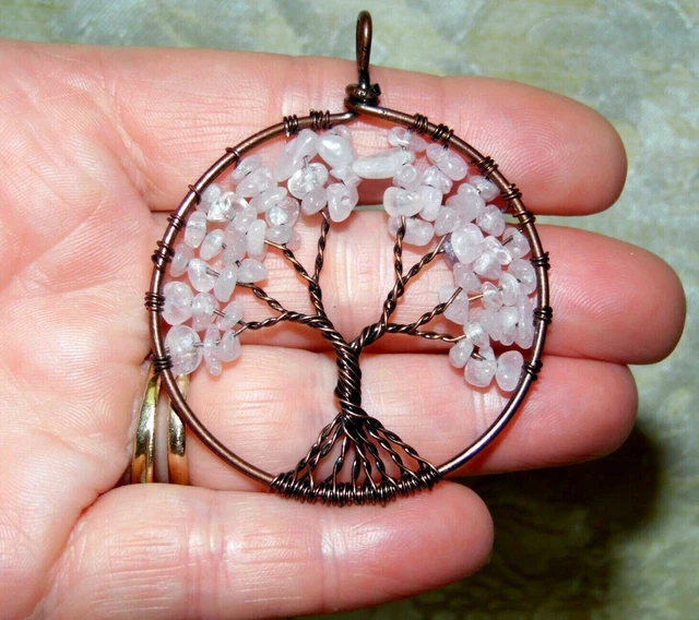 Genuine Rose Quartz Tree Of Life  Love Healing  Chakra   Pendant      Copper