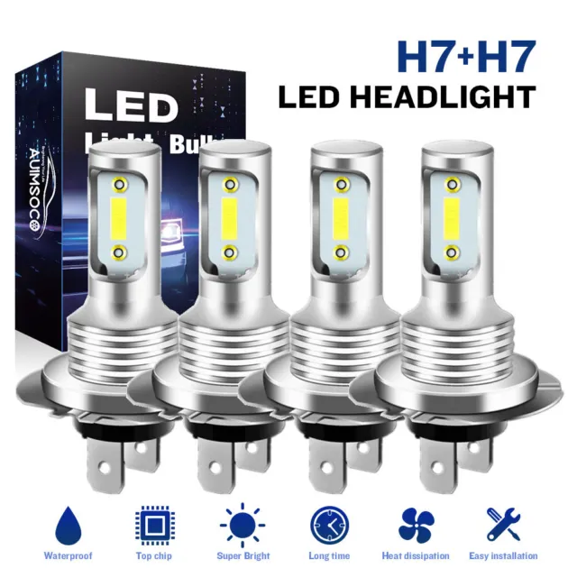 4Pcs H7 LED Headlight Combo Bulbs Kit High + Low Beam 6500K Super White Bright