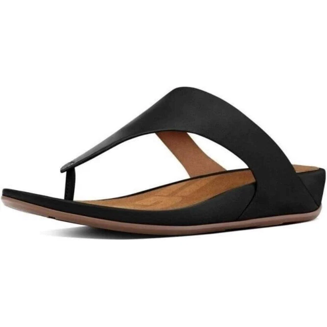 Fitflop Womens 10 Banda Thong Sandals Black Brown Leather Low Heel Wedge Slip On