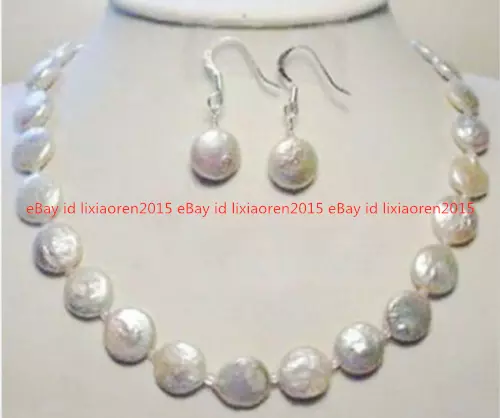 Genuine Natural 11-12mm White Freshwater Pearl Coin Necklace Earrings Set