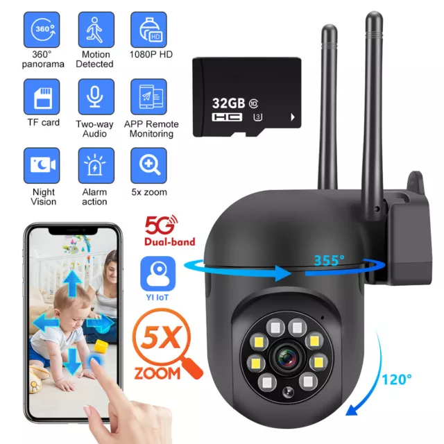 5G CCTV IP Camera Wireless WIFI outdoor HD PTZ Smart Home Security IR Cam+Card