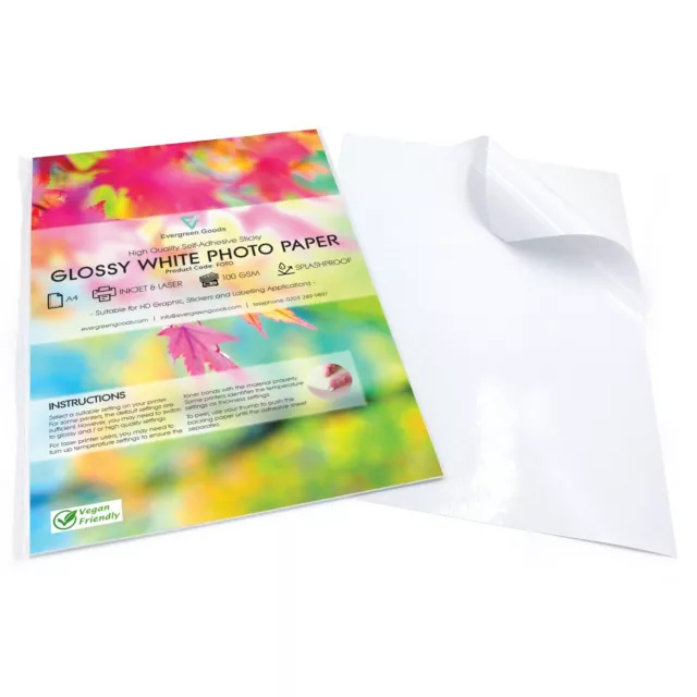 A4 Self Adhesive Gloss Photo Paper Sticky Sheets Inkjet Printers Packaging Label