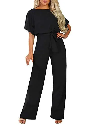 Happy Sailed Women Casual Loose Short Sleeve Belted Wide Leg Pant Romper