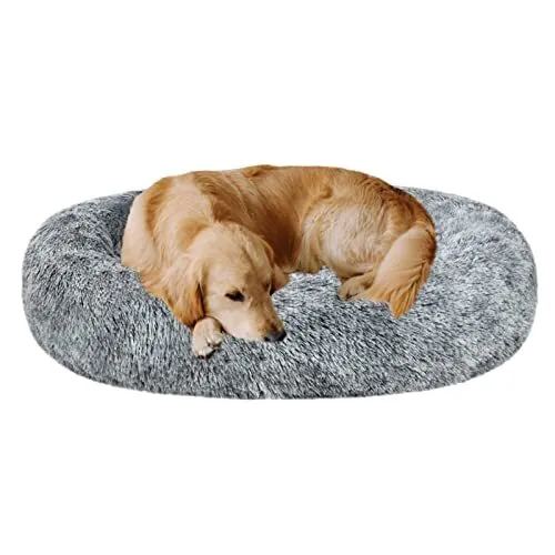Oval Calming Donut Cuddler Dog Bed,Shag Faux Fur Cat Bed XXL(43"x34"x8") Grey