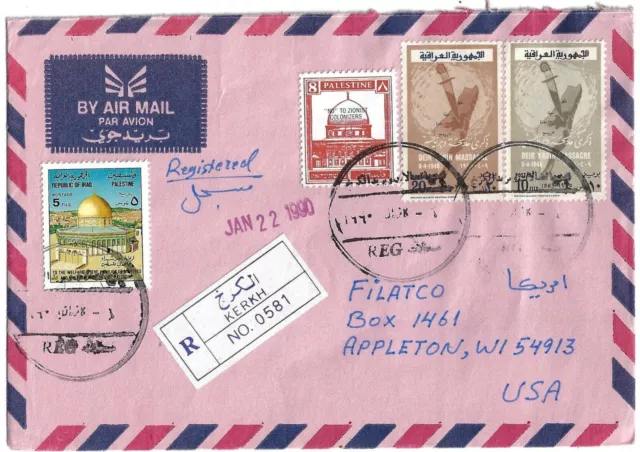 Iraq Palestine 1987 Deir Yassin Massacre Set W/Palestine Stamp Tied On Registere