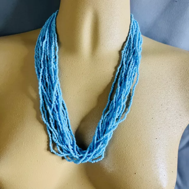 Vintage Necklace Seed Beads Ocean Baby Blue Multi Strand Beaded 4271