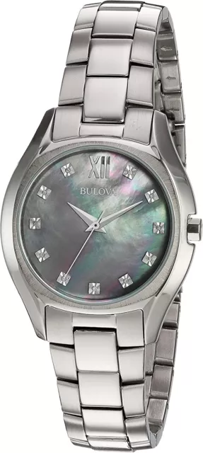 Bulova 96P158 11 Diamonds Silver Tone Black MOP Dial Dress Womens Watch