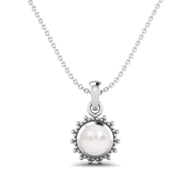 10k White Gold 6 MM Round Shape Natural Pearl Solitaire Necklace for Women
